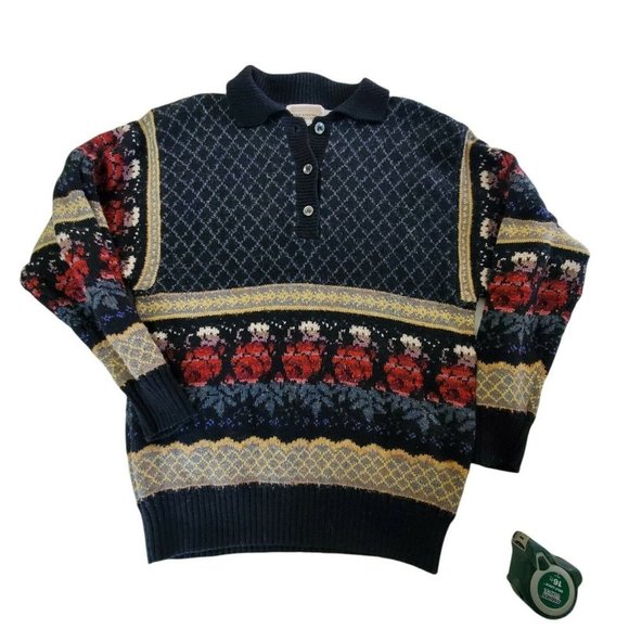 Vintage 90s Fair Isle Cottage Core Floral Henley Sweater Polo Acrylic‎ Sz M/L - Picture 1 of 9